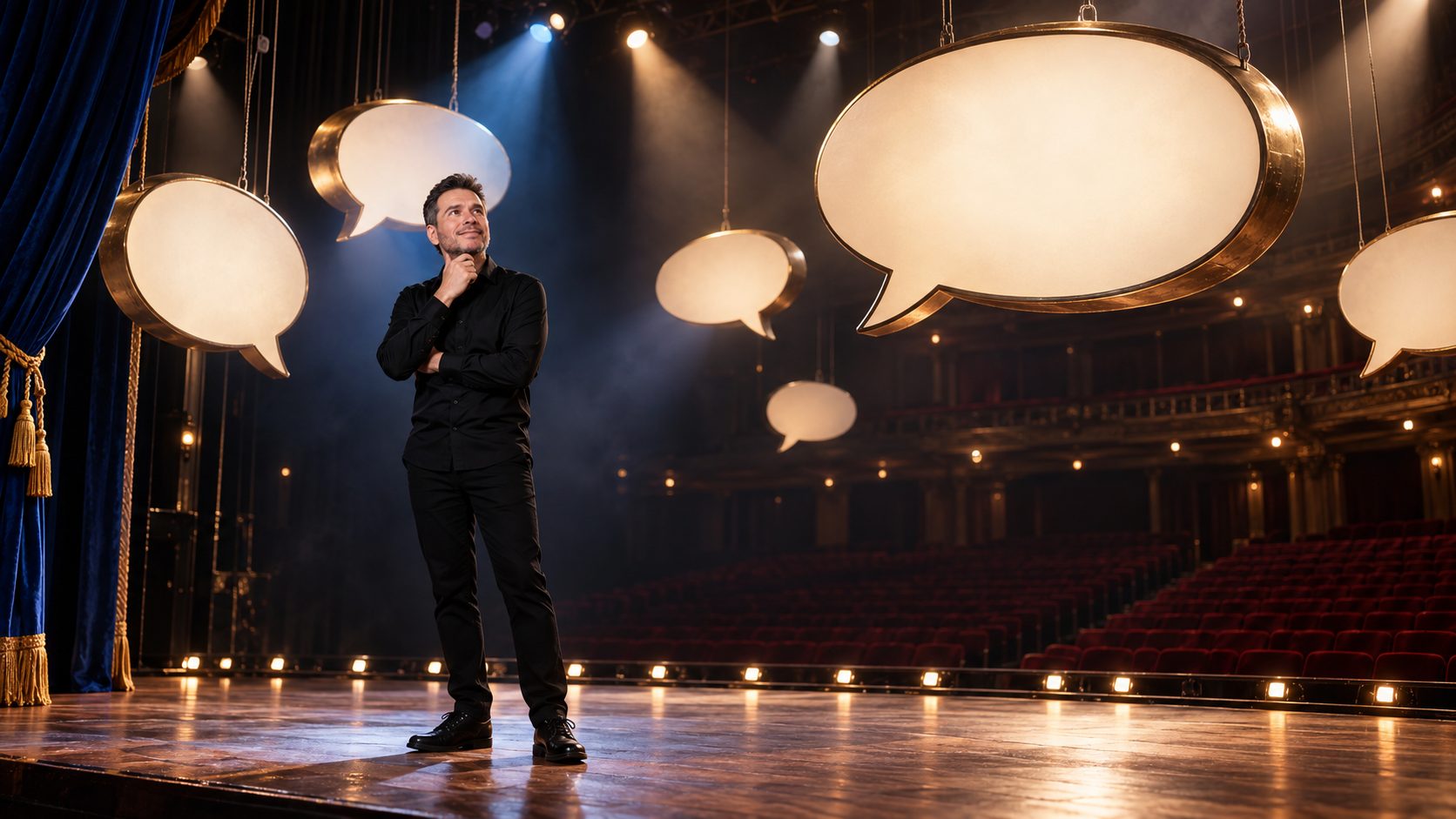 Cenografia ilustrativa: Fernando Palacios no palco de um teatro, cercado por balões de fala iluminados