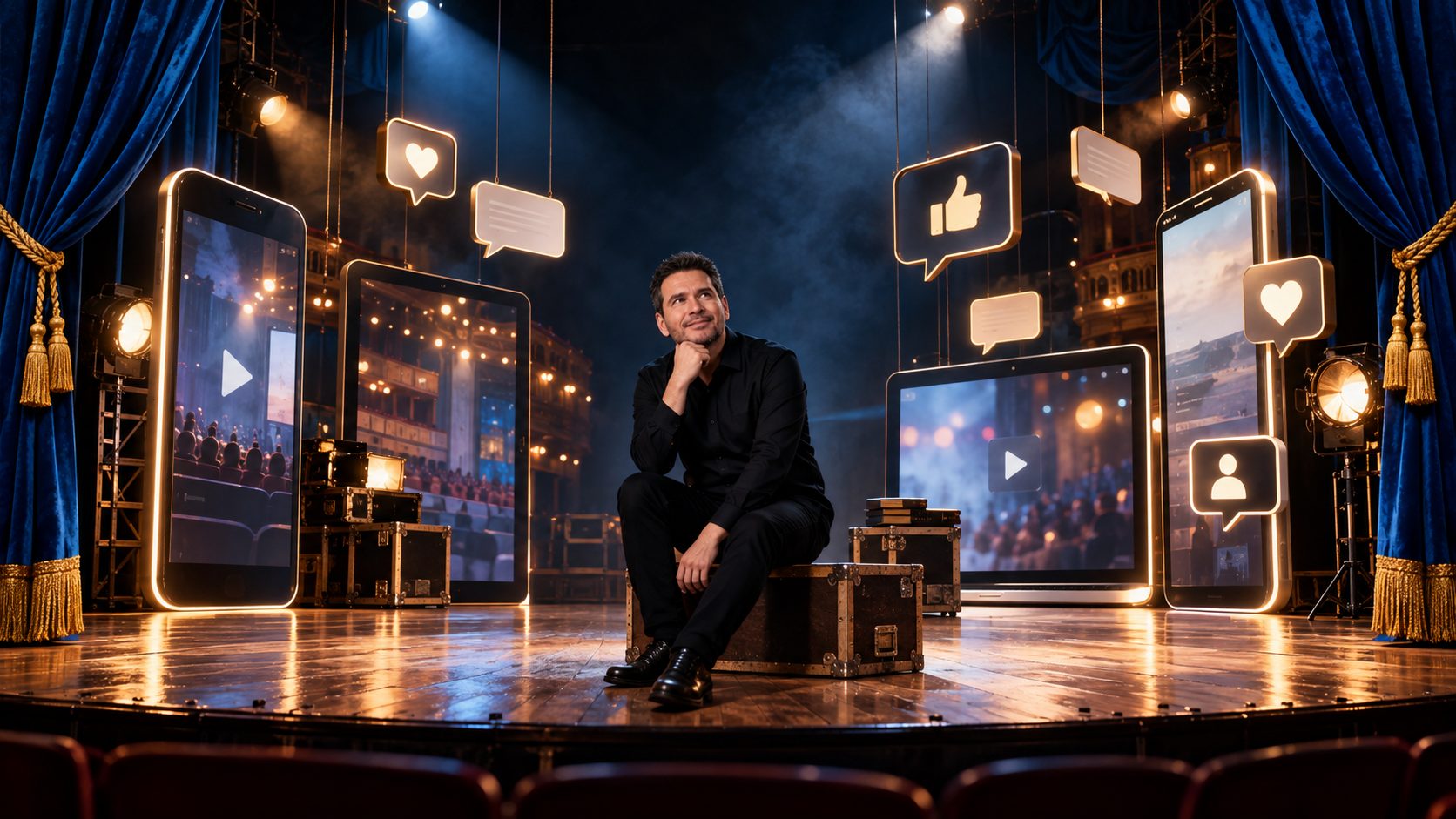 Cenografia ilustrativa: Fernando Palacios sentado entre celulares gigantes no palco de um teatro