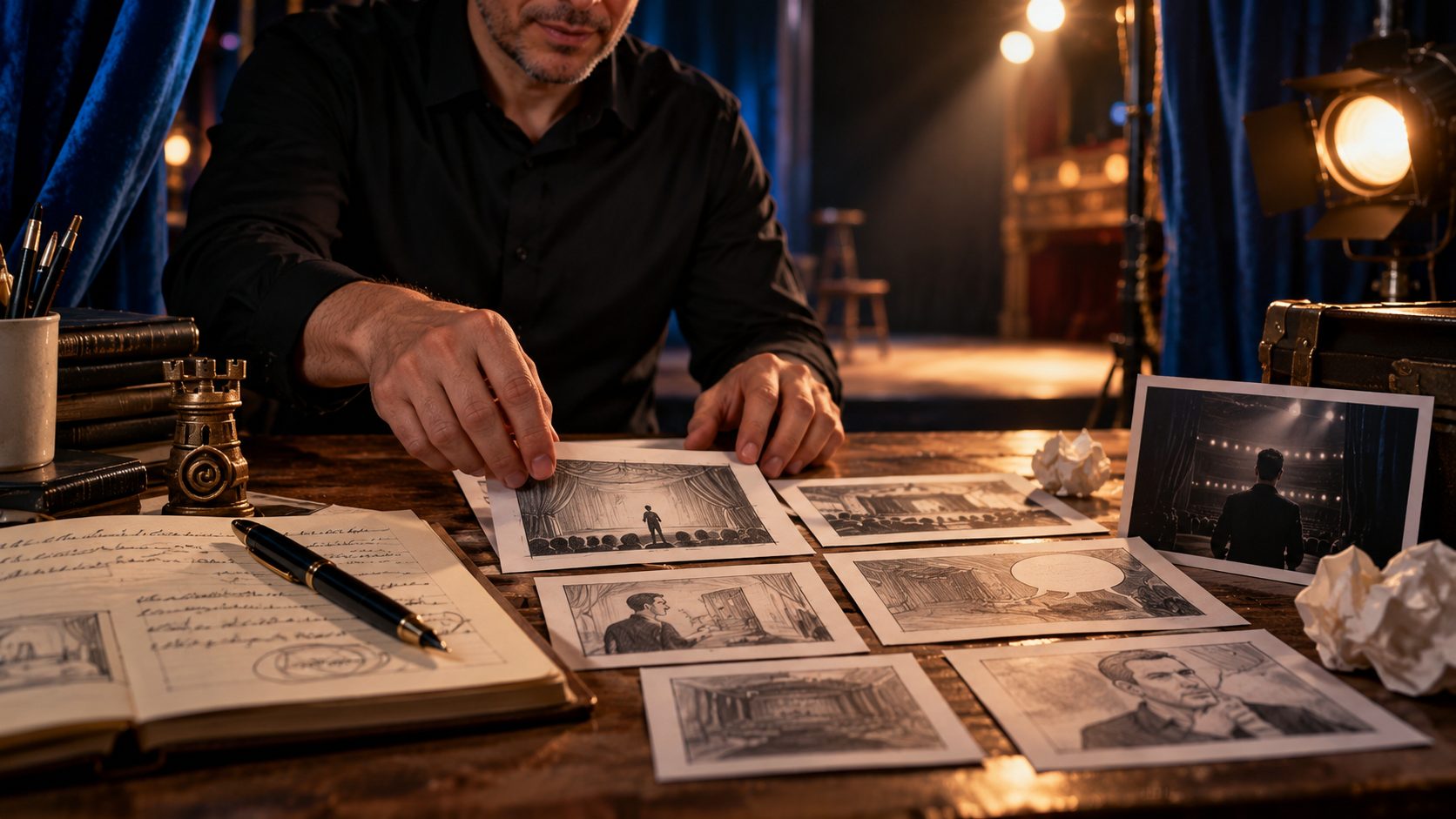 Cenografia ilustrativa: mãos ordenando storyboards sobre uma mesa de trabalho, no palco de um teatro